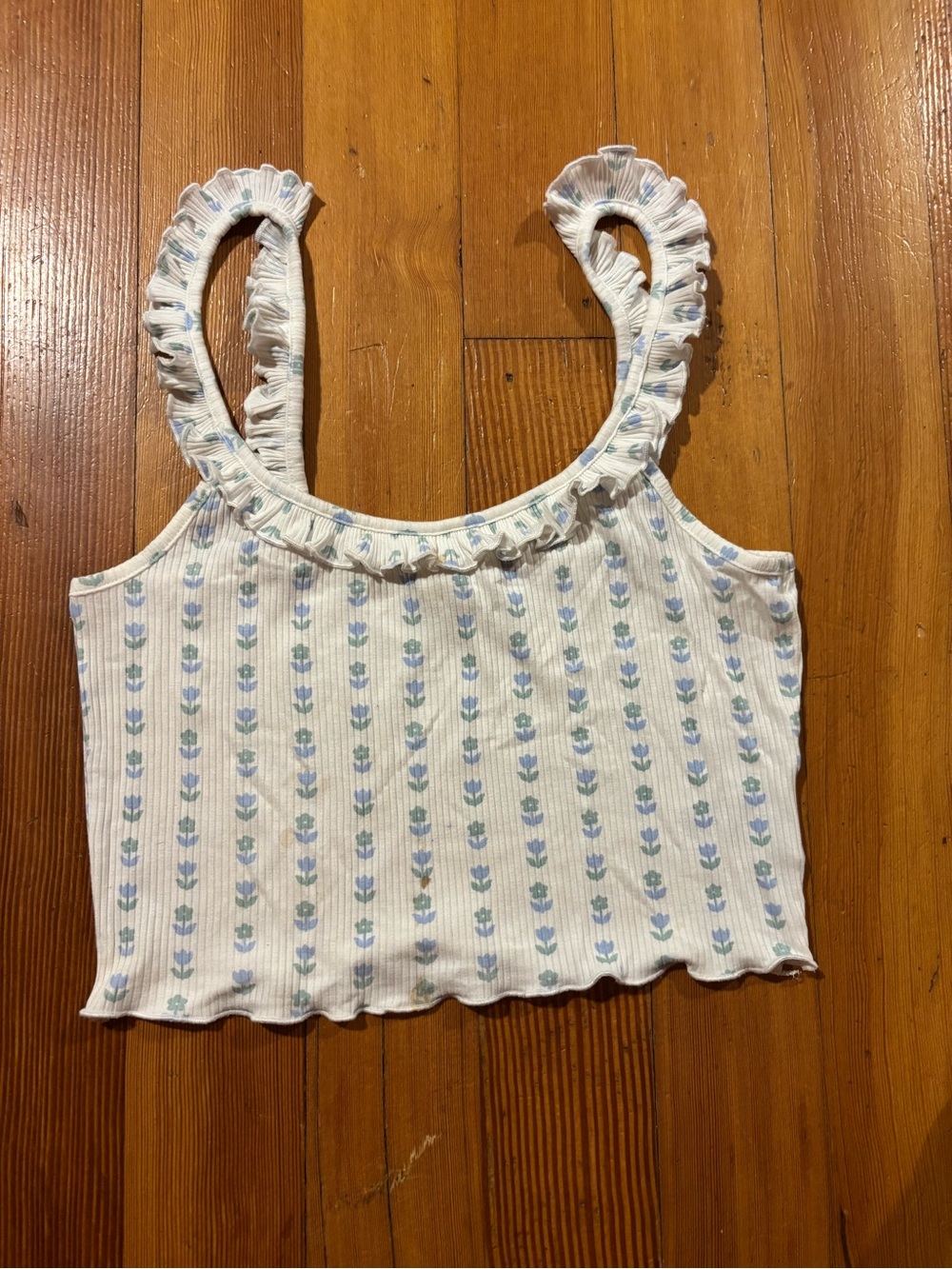 Cotton On Body White Ribbed Crop Tank with Blue and Green Floral Print